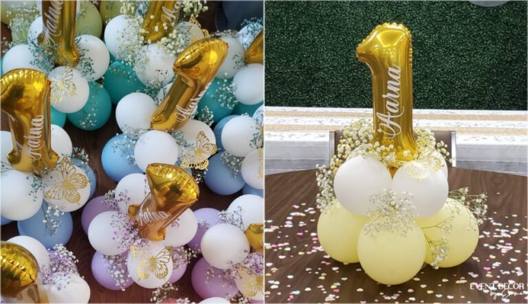 Event Decor by Emma Balloons with Number and Name Babys Breath Centerpiece