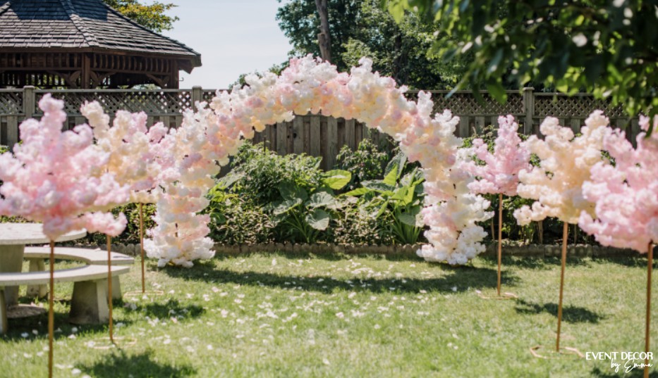 Event Decor by Emma Cherry Blossom Backyard Wedding Setup Arch and Trees